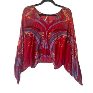 Free People Beneath the Sea blouse M Chiffon Red Colorful Sheer Boho crop top